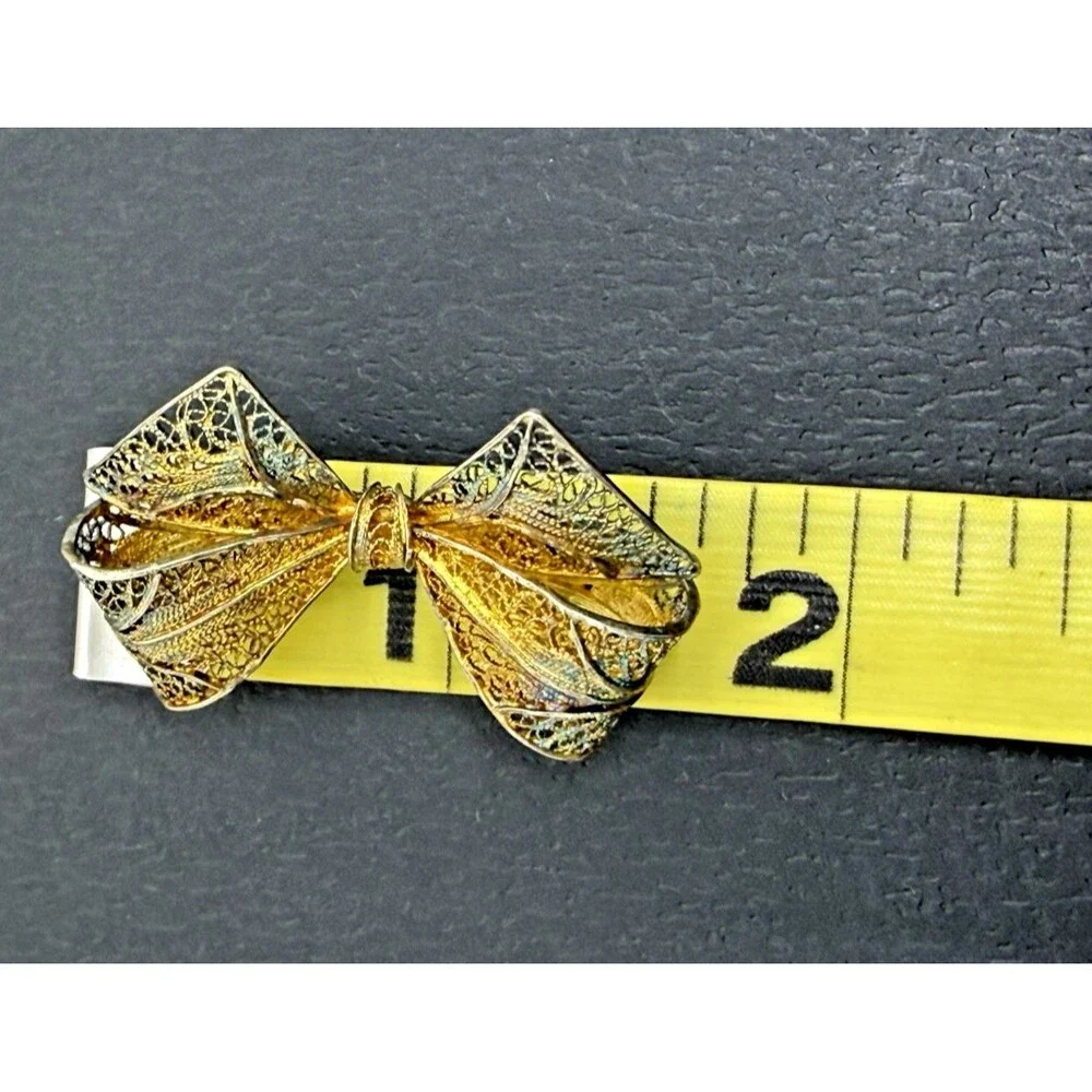 Vintage Sterling Silver Filigree Bow Brooch‎ Gold Wash Gilded Victorian Pin